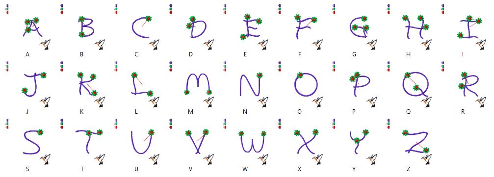 Stickdatei Alphabet   Blumen 3  für 100 mm x 100 mm Rahmen.