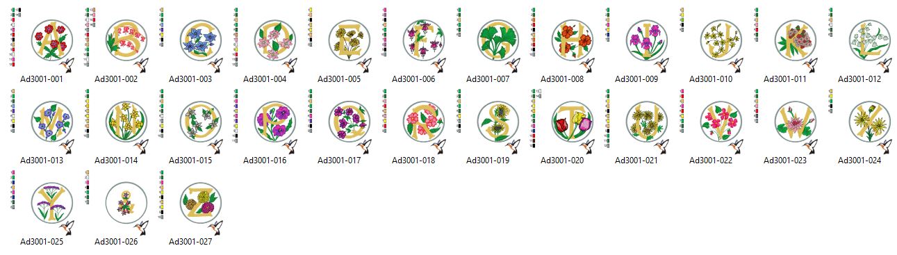 Stickdatei Alphabet   Blumen im Kreis 2  für 100 mm x 100 mm Rahmen.