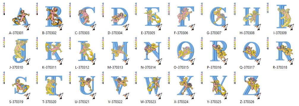 Stickdatei Alphabet   Engel 1  für 100 mm x 100 mm Rahmen.