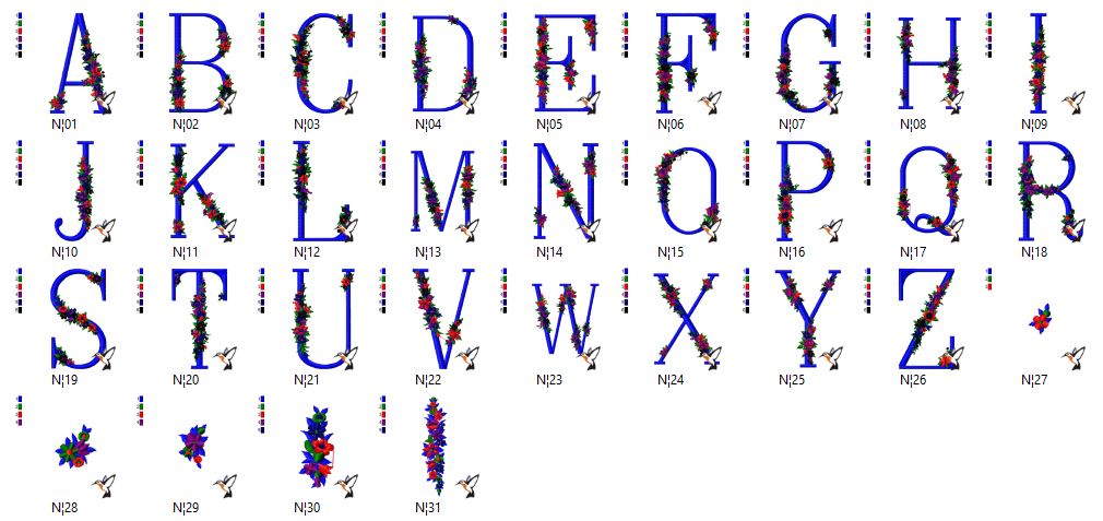 Stickdatei Alphabet   Blumen 10  für 140 mm x 140 mm Rahmen.