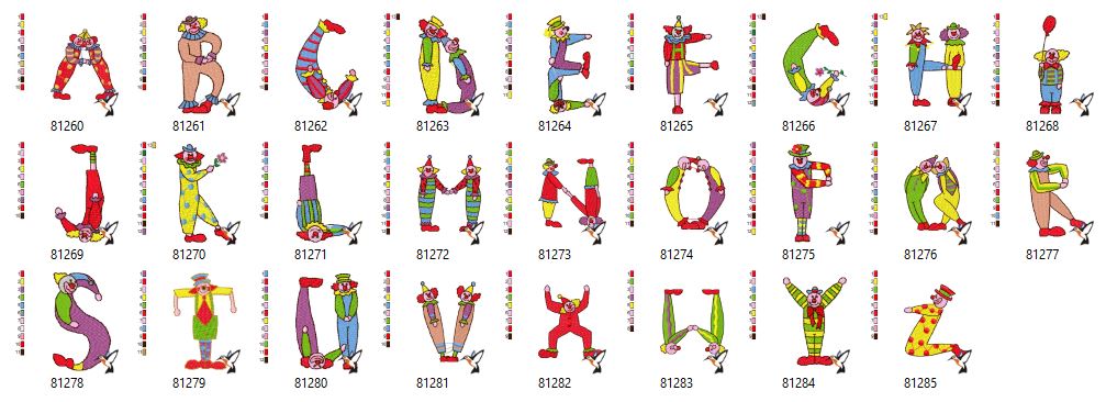 Stickdatei Alphabet   Clowns  für 100 mm x 100 mm Rahmen.