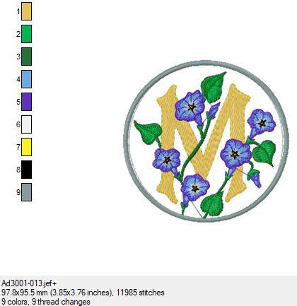 Stickdatei Alphabet   Blumen im Kreis 2  für 100 mm x 100 mm Rahmen.